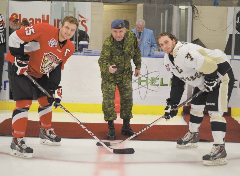Chief Warrant Officer Robert Viel from CFB Cold Lake was on hand at the Bonnyville Jr. A Pontiacs game on Oct. 18 to participate in a ceremonial faceoff. The Pontiacs took