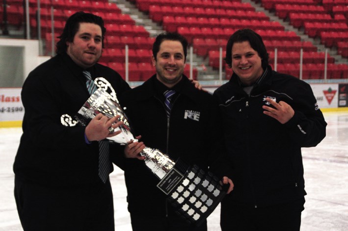 The Cold Lake Ice&#8217;s former coaching staff of Brad Paice, Neil Langridge and Corey Wandler celebrating the team&#8217;s third straight league championship in 2013.