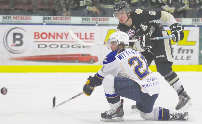 Bonnyville forward Steenn Pasichnuk fires a shot on goal during action against Fort McMurray on Jan. 17.