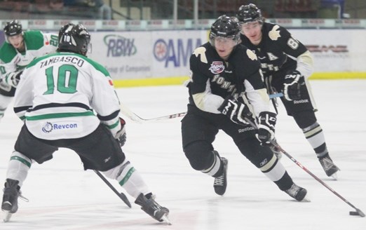 Bonnyville forward Bobby McMann carries the puck up the ice against Drayton Valley on Saturday at the RJ Lalonde Arena.