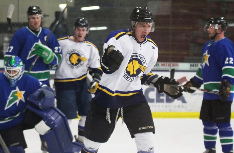 Michael Desjarlais celebrates after scoring a goal in Game 1 of the BRHL Championship Series.