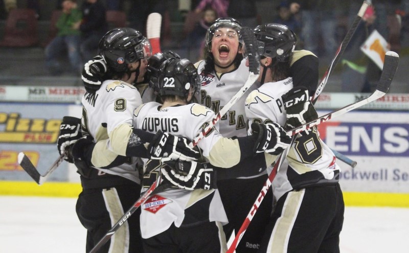 Members of the Bonnyville Pontiacs celebrate after scoring in Game 4 against Lloydminster. Bonnyville went on to win the series in six games.