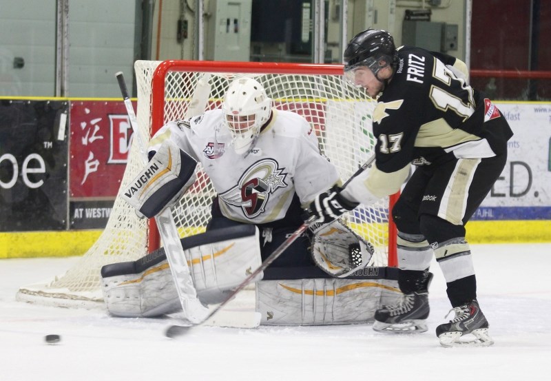 Bonnyville forward Mitch Fritz follows up a rebound on Saturday night in Spruce Grove.