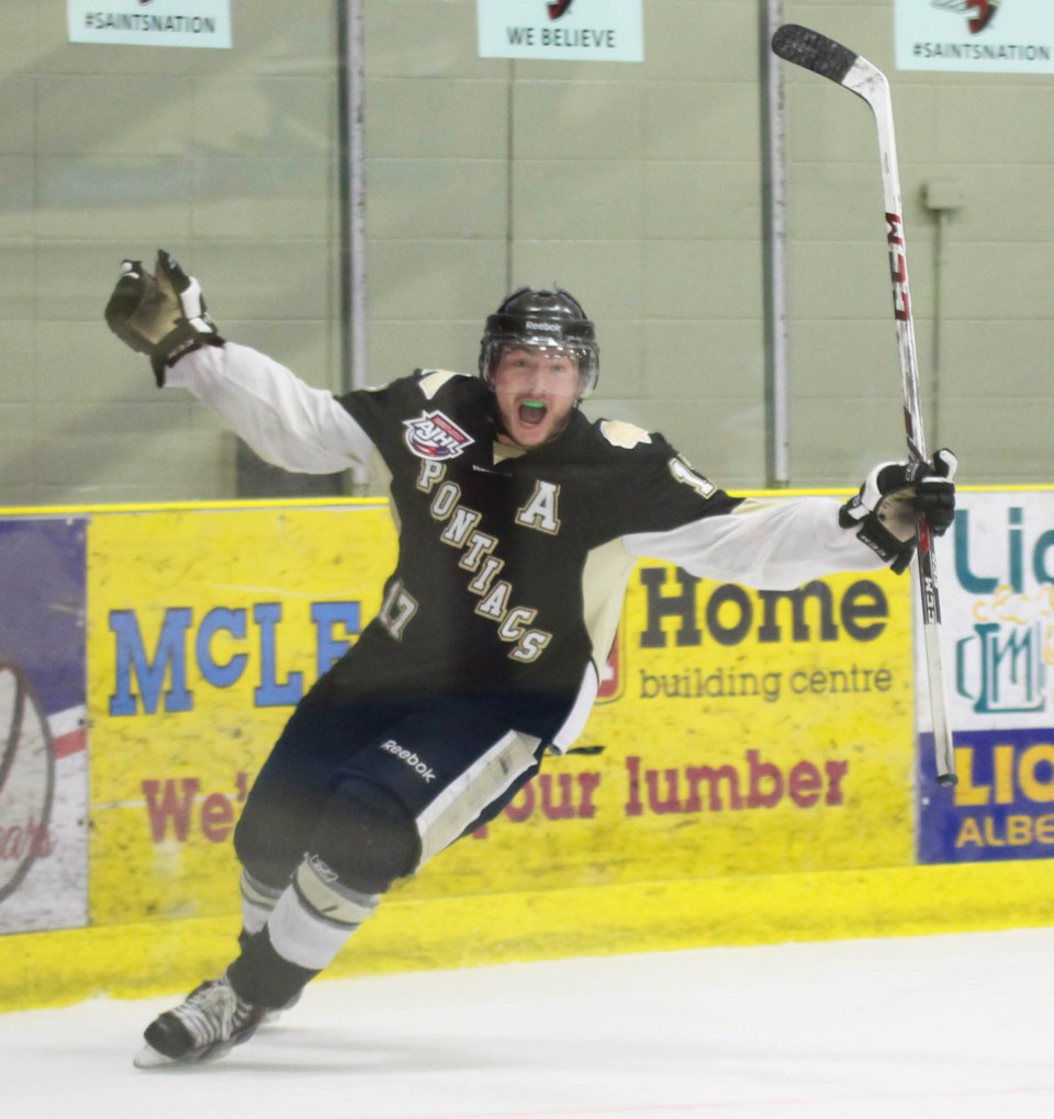Bonnyville forward Mitch Fritz celebrates after scoring in Game 2 against Spruce Grove.