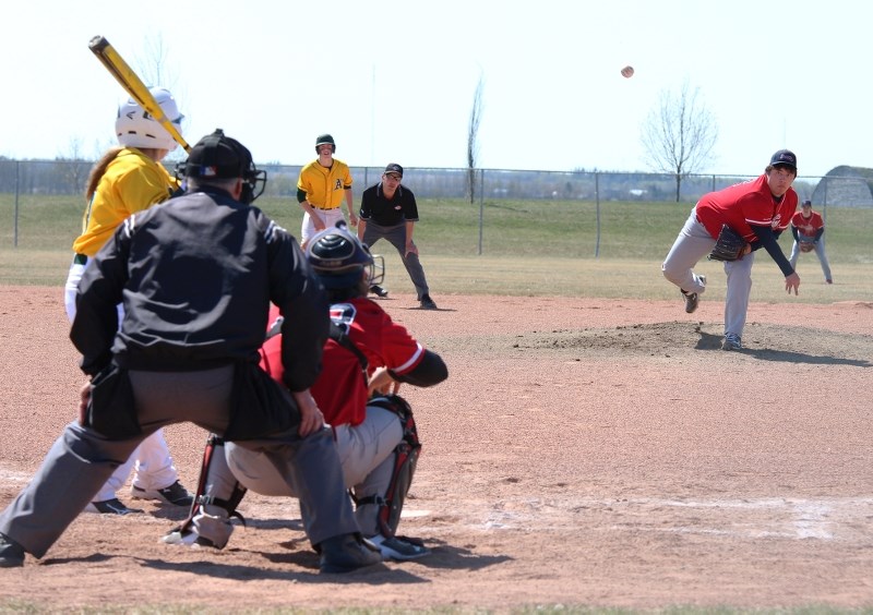 Bonnyville Braves Brandon Slusarski deleivers a pitch on Sunday afternoon against the Sherwood Park A&#8217;s. The Braves went on to win the game 11-1.