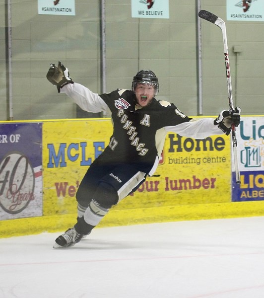 Bonnyville Jr.A Pontiacs forward Mitch Fritz celebrates after scoring a goal against Spruce Grove.