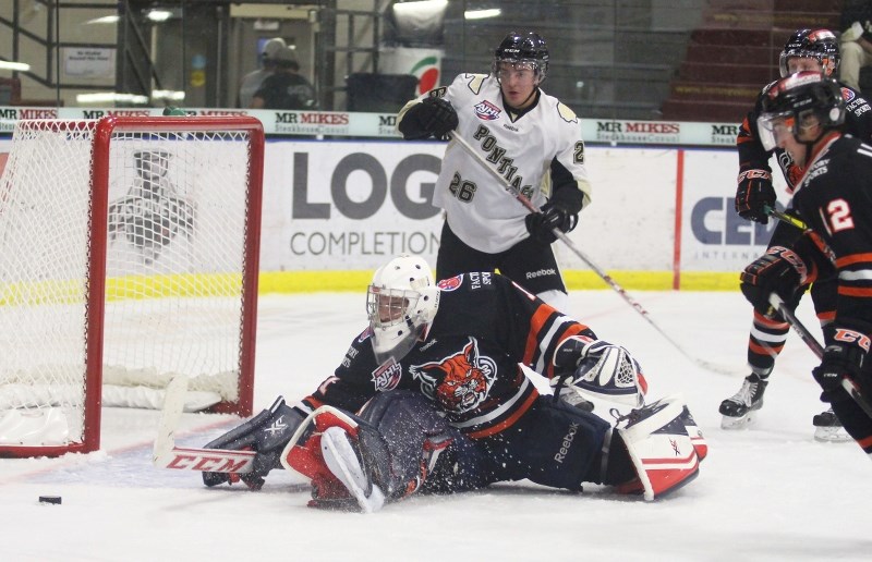 Lloydminster goaltender Alec Leclerc stops a shot during first period action on Friday night in Bonnyville