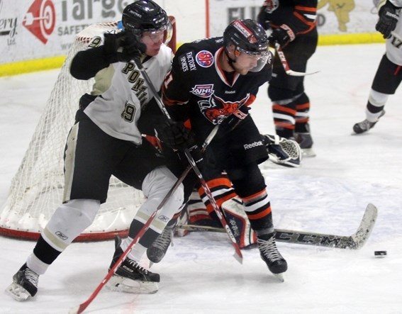 Bonnyville forward Chad Hurtubise battles in front of the net during an Oct. 28 game agaist Lloydminster. The Pontiacs would drop this game 3-2 in a shootout.