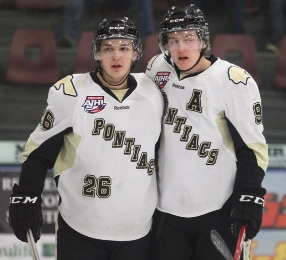 Kyler Hehn (left) and Bobby McMann (right) each scored a goal in Bonnyville&#8217;s 8-0 victory over Calgary.