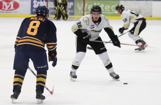 Kyler Hehn (right) scored two goals in a 4-2 victory over Grande Prairie on Saturday night.