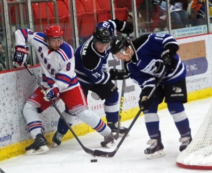 Taylor Anshelm (#15) and Curtis Witney (#10) both picked up a goal in the Ice&#8217;s 4-2 victory over the Vegreville Rangers on Saturday.