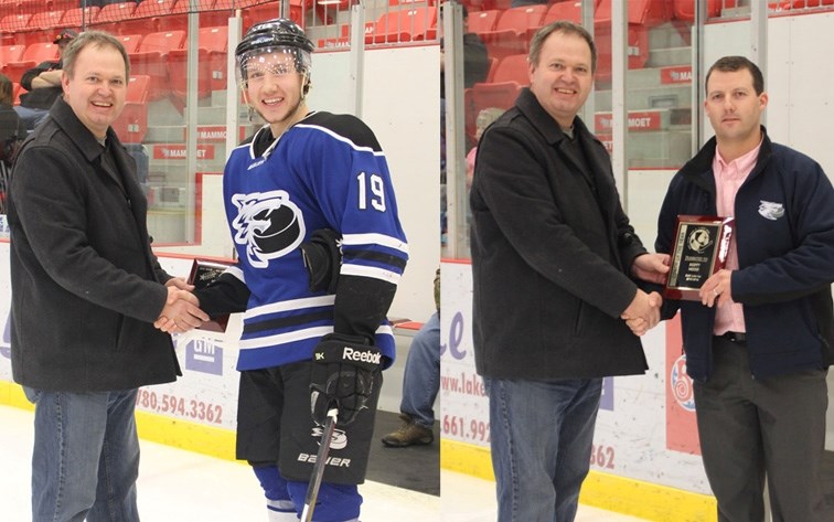 Cold Lake Ice forward Mike Harbich (left) and head coach Scott Hood (right) were presented with plaques from league commissioner Ted Graling.