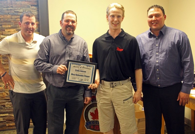 Ice goalie Cody Janzen (pictured) and forward Mike Harbich were awarded Most Valuable Player at the Cold Lake Ice awards banquet.