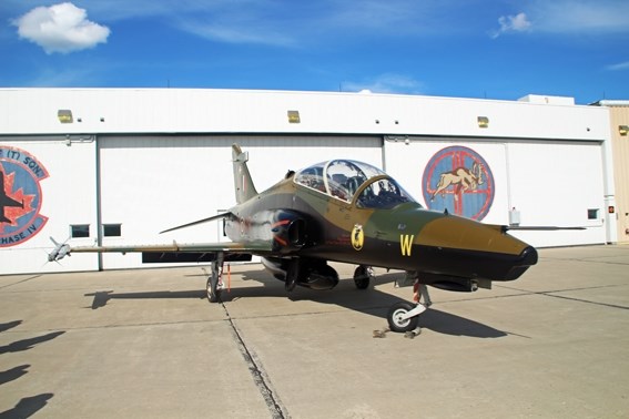 The newly painted CT-155 Hawk on display in front of the 419 &#8220;Mooseman&#8221; hangar at CFB 4 Wing on June 2.