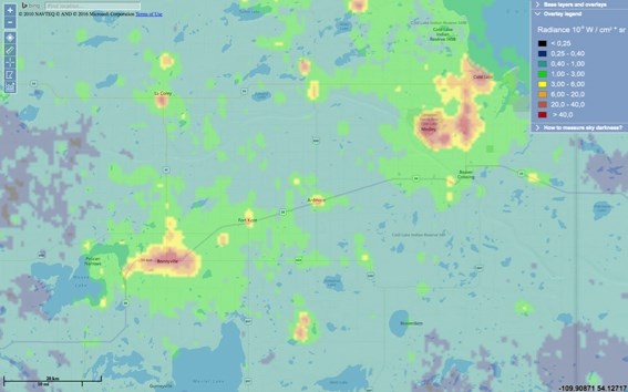 A map of the extent of the light glow in the Bonnyville area.