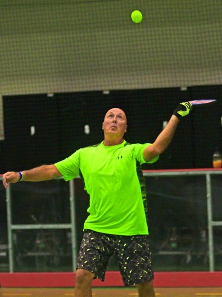 Rob Barrett, Bonnyville&#8217;s Ambassador to Pickleball Canada, prepares to fire a volley across the court.