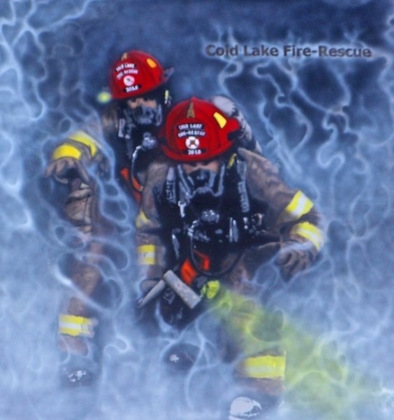&#8220;Tutoribus&#8221; &#8211; a painting by Cold Lake firefighter Jason Spears, which was unveiled at the Cold Lake downtown fire hall grand opening on July 9.