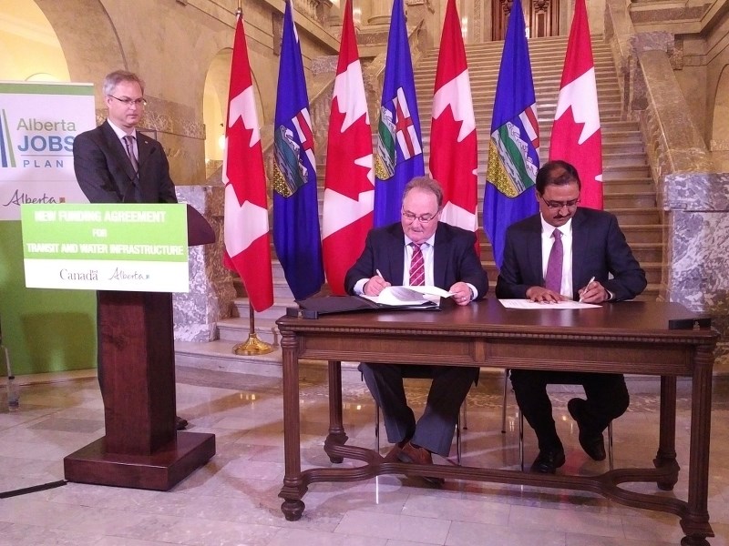 Bonnyville Mayor Gene Sobolewski, MD Reeve Ed Rondeau and Cold Lake Mayor Craig Copeland were in Edmonton last week to watch federal and provincial ministers announce funding 