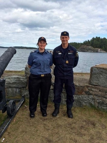 Mary Babiuk stands with the Comanding Officer of Marsgarn, Ingebrikt Sjovik who gave the Cadets the oppurtunity to travel the Baltic Sea for three days.