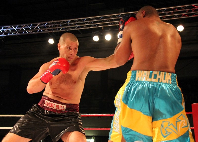 Rob &#8220;Raging Bull&#8221; Nichols throws a punch in his match against Michael &#8220;Flash&#8221; Walchuk on Saturday night at the Cold Lake Energy Centre. Nichols