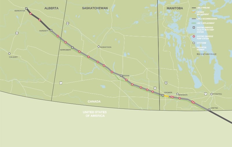 The Line 3 project will replace 1,660-kilometres of existing pipeline from Hardisty, AB to Gretna, MB.