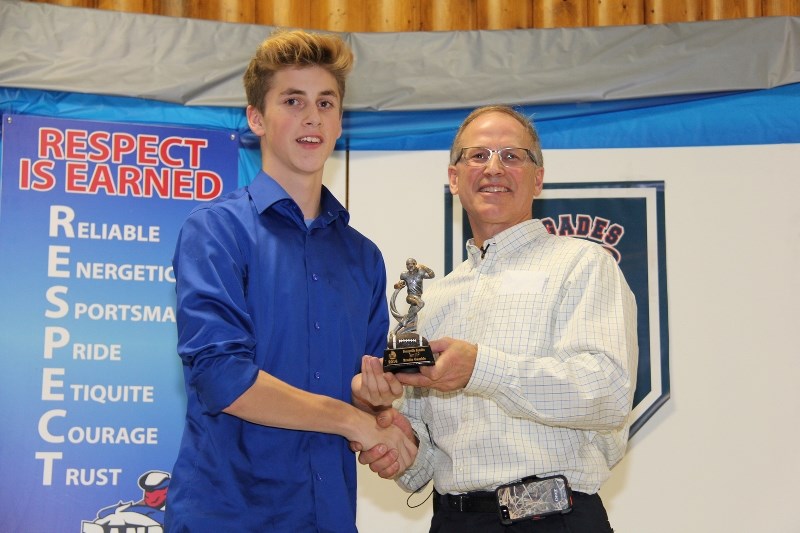 Brodie Gamble accepts the Bandits MVP award from head coach Mickey Fagnan.