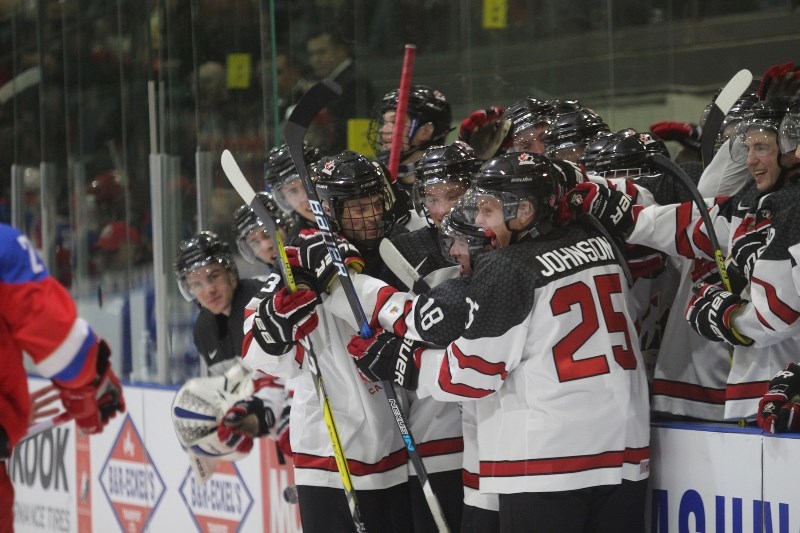 Canada West celebrates their first goal of the hockey game in the second period of Monday night&#8217;s action.