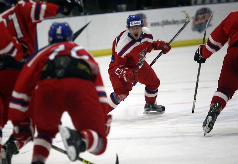 Tomas Havranek celebrates his tying goal with 1.5 seconds left in the third period, in the Czech Replublic&#8217;s win over Canada West.