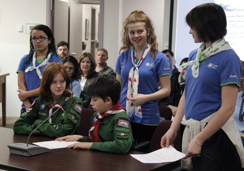 A group of Scouts and Guides made a presentation at city hall on Tuesday, requesting permission to hoist their flag on Feb. 19.