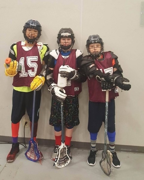 (left to right) Andrew Chio, Castin Bibeau, and Bennett Fry. The three players from Lakeland Lacrosse were at the Team Alberta peewee invitationals earlier this month.