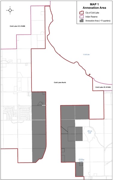 The grey areas indicate the 11 quarter-sections of land being annexed.
