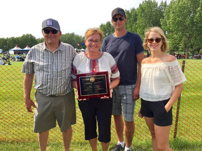 Former Bonnyville-Cold Lake MLA Genia Leskiw (second from left) celebrates winning the 2017 Michael Luchkovich Award with her family.