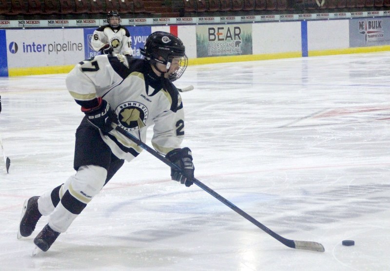 Kaden Bernier looks up ice during the BMHA bantam tier 1 tryouts on Saturday, Sept. 30.