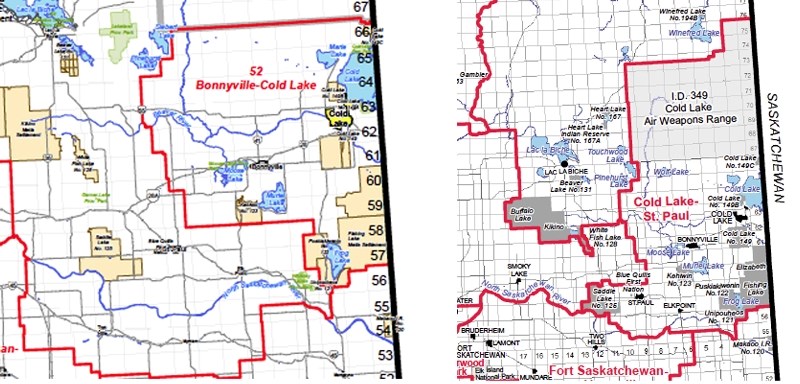 On the left is the current Bonnyville-Cold Lake constituency, on the right, is a map of the proposed Cold Lake-St. Paul constituency.
