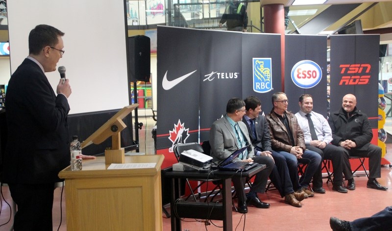 2018 WJAC bid co-chair Robb Hunter shares his excitment with the crowd, while announcing the tournament would return to Bonnyville.