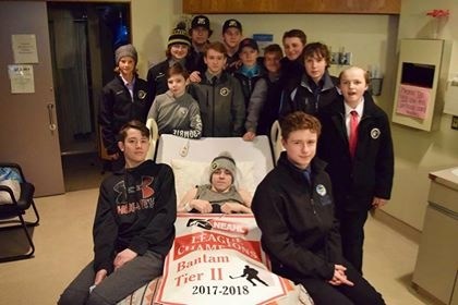 The Bonnyville Bantam Tier 2 Pontiacs came home league champions after defeating one team after another. (above) To celebrate, they visited teammate Carter Marcoux in the