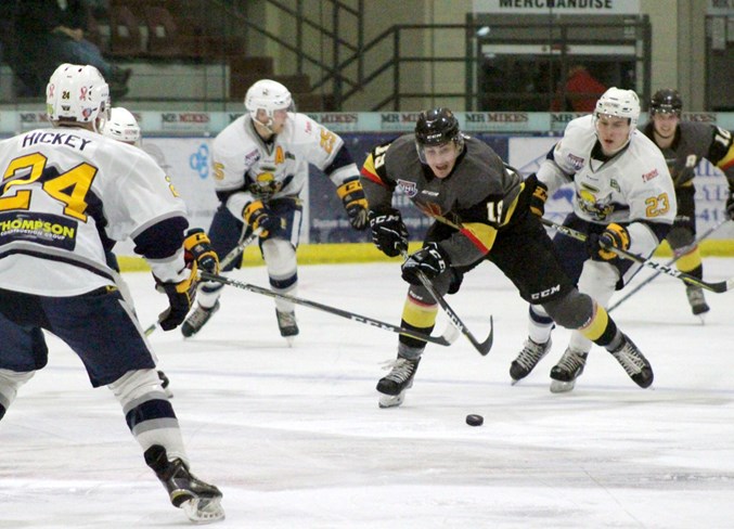  Ty Enns out skates the Spruce Grove Saints defensive line.