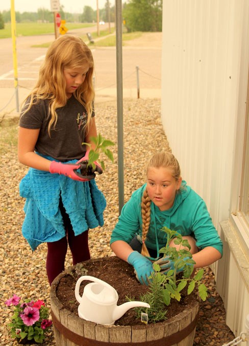  Julie Mannion (left) and Rayne Suhai (right) get to work on one of the planters.