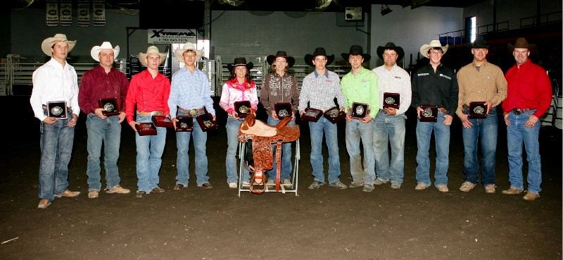 The Lakeland Rodeo Association&#8217;s Showdown 2010 champions proudly showed off their hardware at the end of the final performance. Left to right are: Chad Randle,