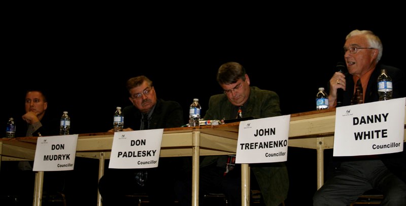 John Trefanenko, a candidate for Town of St. Paul council, addresses the crowd during an Oct. 5 election forum, while his opponents, Trevor Kotowich, Don Mudryk and Don