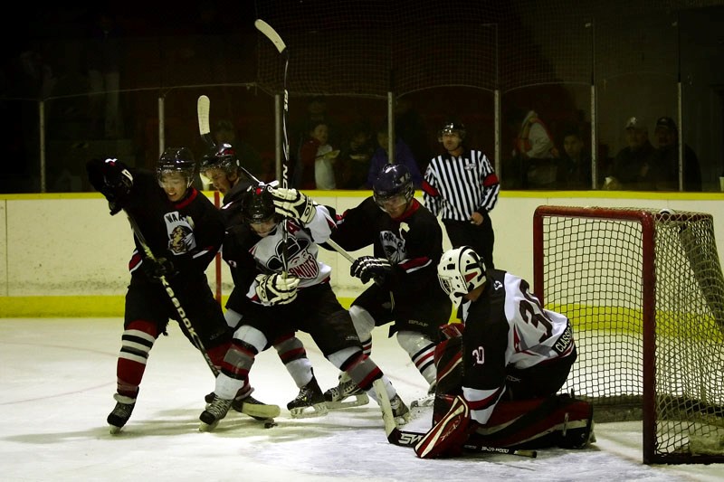 Pictured is the action in front of the Lloydminster Bandits&#8217; net during a game between the Warriors and the Bandits at Saddle Lake on Sunday evening. The Warriors lost