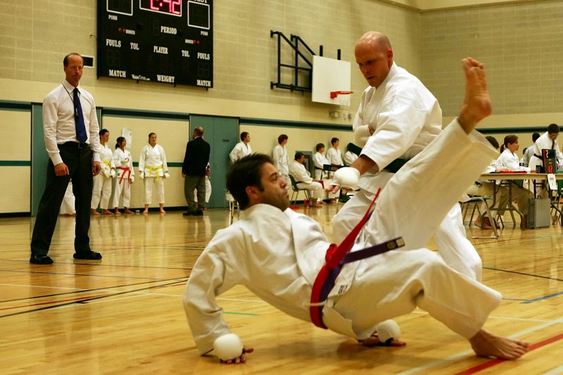 Pictured is kumite action at Glen Avon School during the recent Genbukai Canada Karate tournament. About 300 competitors from Calgary, Saskatoon, Edmonton, Lloydminster,