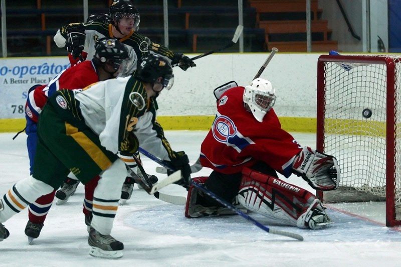 The Killam Wheat Kings score on the Canadiens in the second period of s game at the St. Paul arena on Saturday evening. The Wheat Kings won by a score of 12 &#8211; 0,