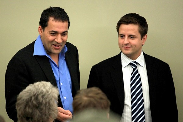 New Wildrose executive director and local candidate Shayne Saskiw stands with Liberal Party member Raj Sherman at a public meeting earlier this year in St. Paul.