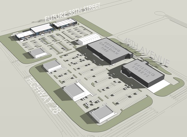 The three dimensional image of development planned for east and north of Canadian Tire and Sobeys.