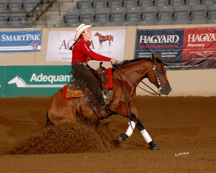 St. Paul&#8217;s Nancy Pratch slides to a stop on her horse Rooster Kicker at the 2011 North American Young Riders competition in Kentucky. Pratch and Rooster Kicker helped