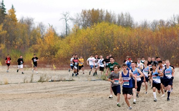 A group of intermediate boys take off from the start line at last Thursday&#8217;s cross country zones, hosted by St. Paul Regional High School at Westcove.