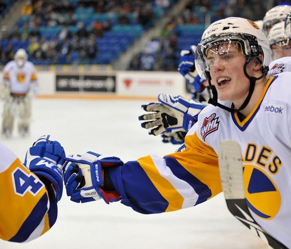 Locke Muller supports the Saskatoon Blades offensive line after a trade from the Red Deer Rebels.