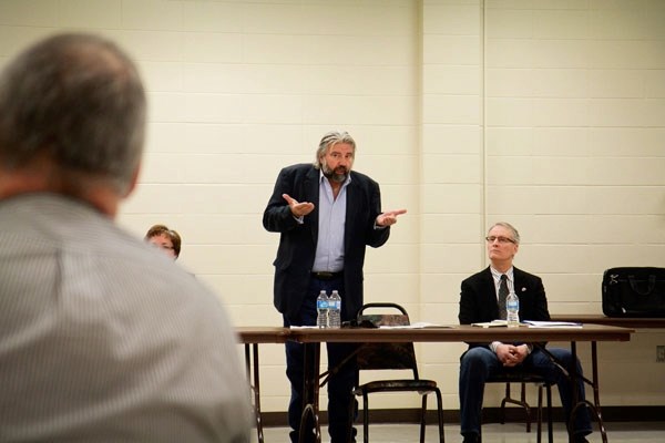 Minister of Transportation Ray Danyluk speaks to municipal leaders on GreenTRIP funding for a possible municipal transportation program at a meeting in St. Paul on Friday.