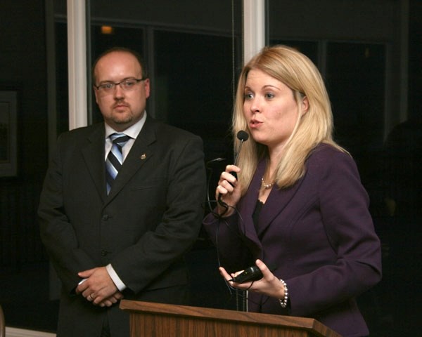 MP Michelle Rempel addresses environmental concerns at the Tim Cup with MP Brian Storseth on March 24.